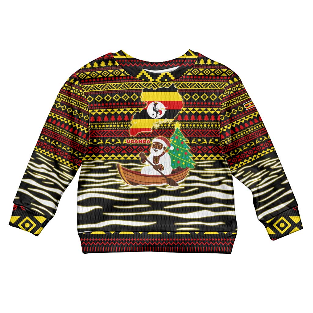 Uganda Christmas Kid Ugly Christmas Sweater Santa in Canoe Christmas Tree Uganda Map Flag - African Pride
