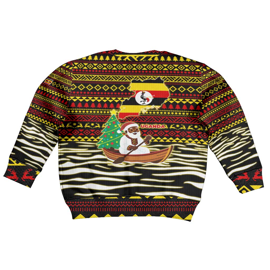 Uganda Christmas Kid Ugly Christmas Sweater Santa in Canoe Christmas Tree Uganda Map Flag - African Pride