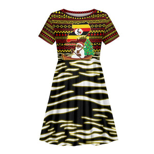 Uganda Christmas Kid Short Sleeve Dress Santa in Canoe Christmas Tree Uganda Map Flag - African Pride