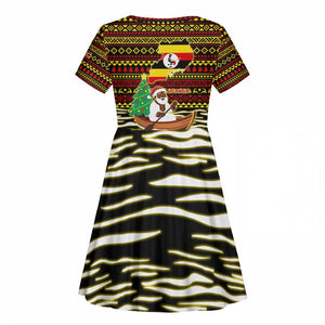 Uganda Christmas Kid Short Sleeve Dress Santa in Canoe Christmas Tree Uganda Map Flag - African Pride