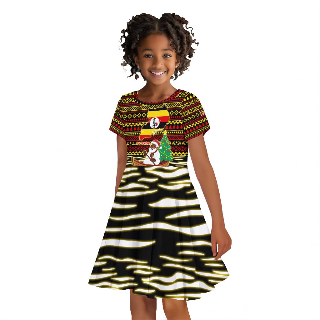 Uganda Christmas Kid Short Sleeve Dress Santa in Canoe Christmas Tree Uganda Map Flag - African Pride