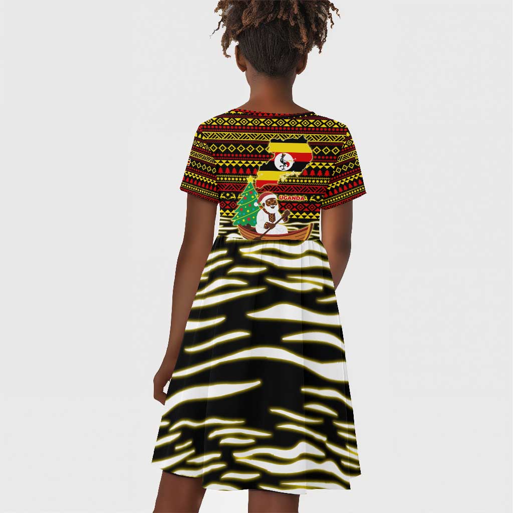 Uganda Christmas Kid Short Sleeve Dress Santa in Canoe Christmas Tree Uganda Map Flag - African Pride