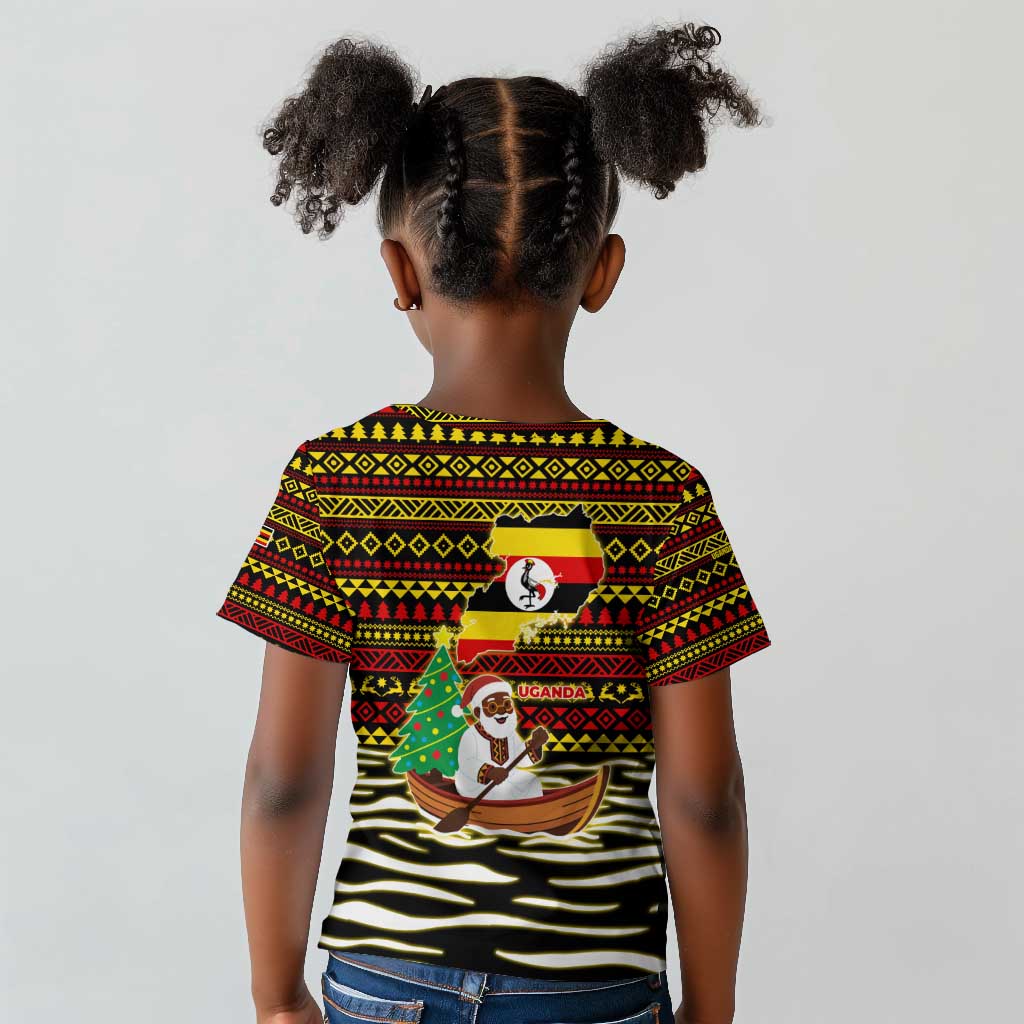 Uganda Christmas Kid T shirt Santa in Canoe Christmas Tree Uganda Map Flag - African Pride