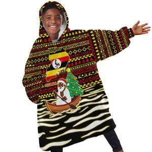 Uganda Christmas Kid Wearable Blanket Hoodie Santa in Canoe Christmas Tree Uganda Map Flag - African Pride