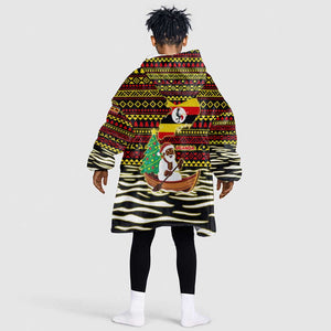 Uganda Christmas Kid Wearable Blanket Hoodie Santa in Canoe Christmas Tree Uganda Map Flag - African Pride