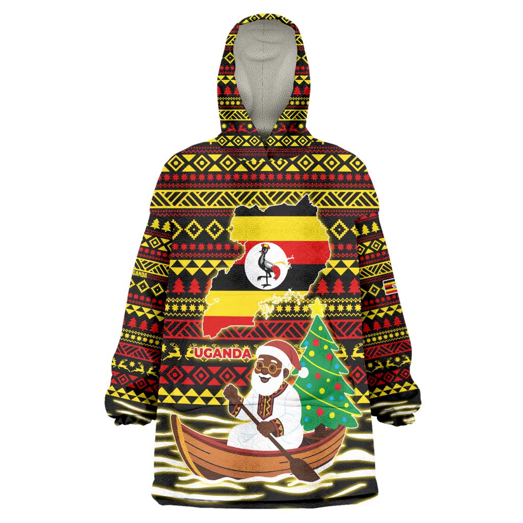 Uganda Christmas Kid Wearable Blanket Hoodie Santa in Canoe Christmas Tree Uganda Map Flag - African Pride