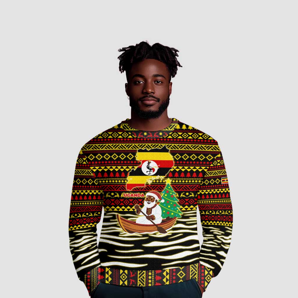 Uganda Christmas Ugly Christmas Sweater Santa in Canoe Christmas Tree Uganda Map Flag - African Pride