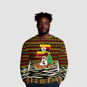 Uganda Christmas Ugly Christmas Sweater Santa in Canoe Christmas Tree Uganda Map Flag - African Pride