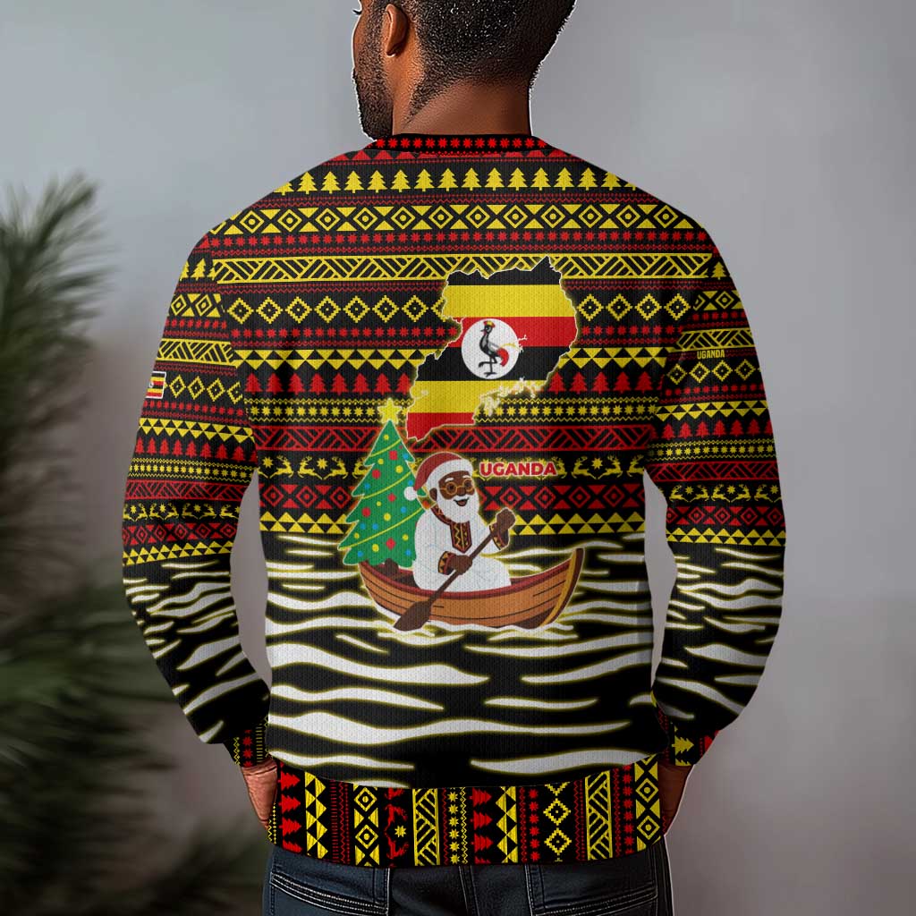 Uganda Christmas Ugly Christmas Sweater Santa in Canoe Christmas Tree Uganda Map Flag - African Pride