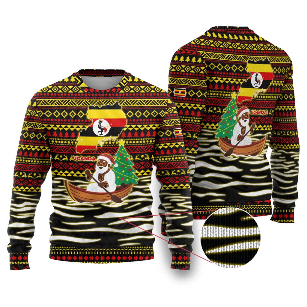 Uganda Christmas Ugly Christmas Sweater Santa in Canoe Christmas Tree Uganda Map Flag - African Pride