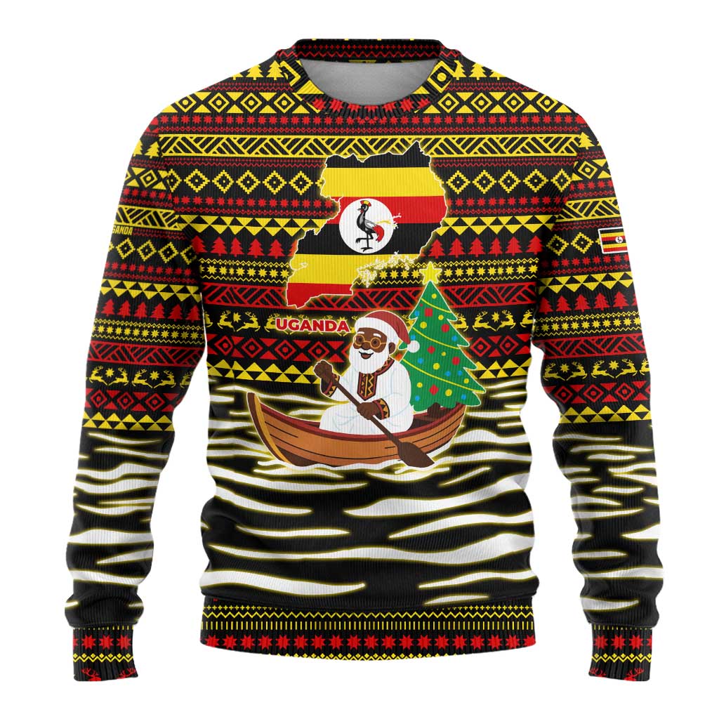 Uganda Christmas Ugly Christmas Sweater Santa in Canoe Christmas Tree Uganda Map Flag - African Pride
