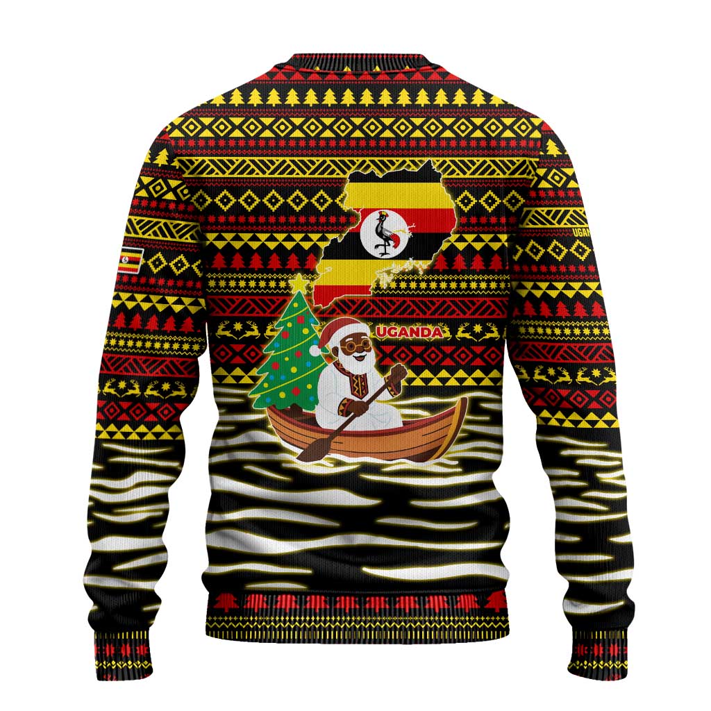 Uganda Christmas Ugly Christmas Sweater Santa in Canoe Christmas Tree Uganda Map Flag - African Pride