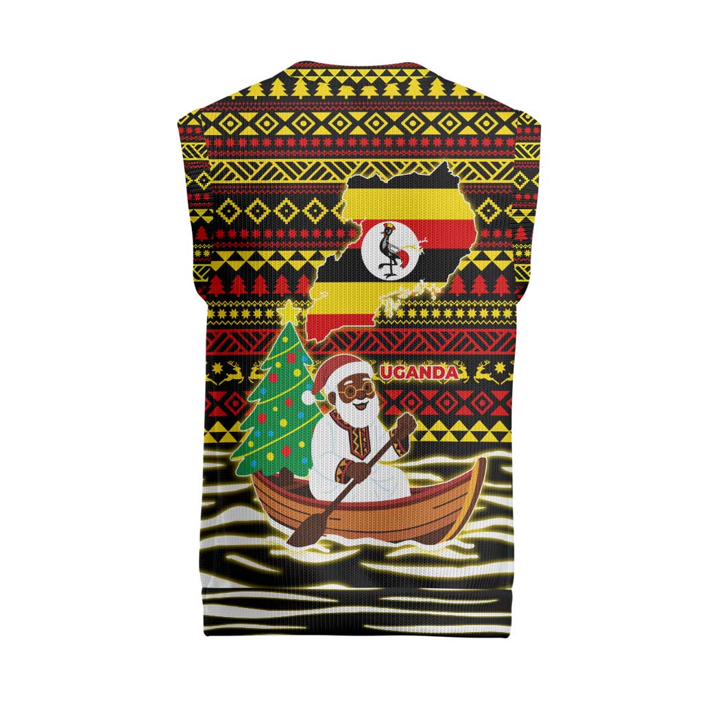 Uganda Christmas Knitted V-Neck Vest Santa in Canoe Christmas Tree Uganda Map Flag - African Pride