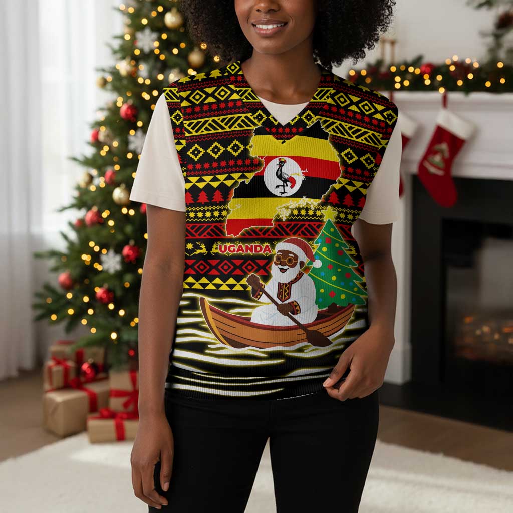 Uganda Christmas Knitted V-Neck Vest Santa in Canoe Christmas Tree Uganda Map Flag - African Pride