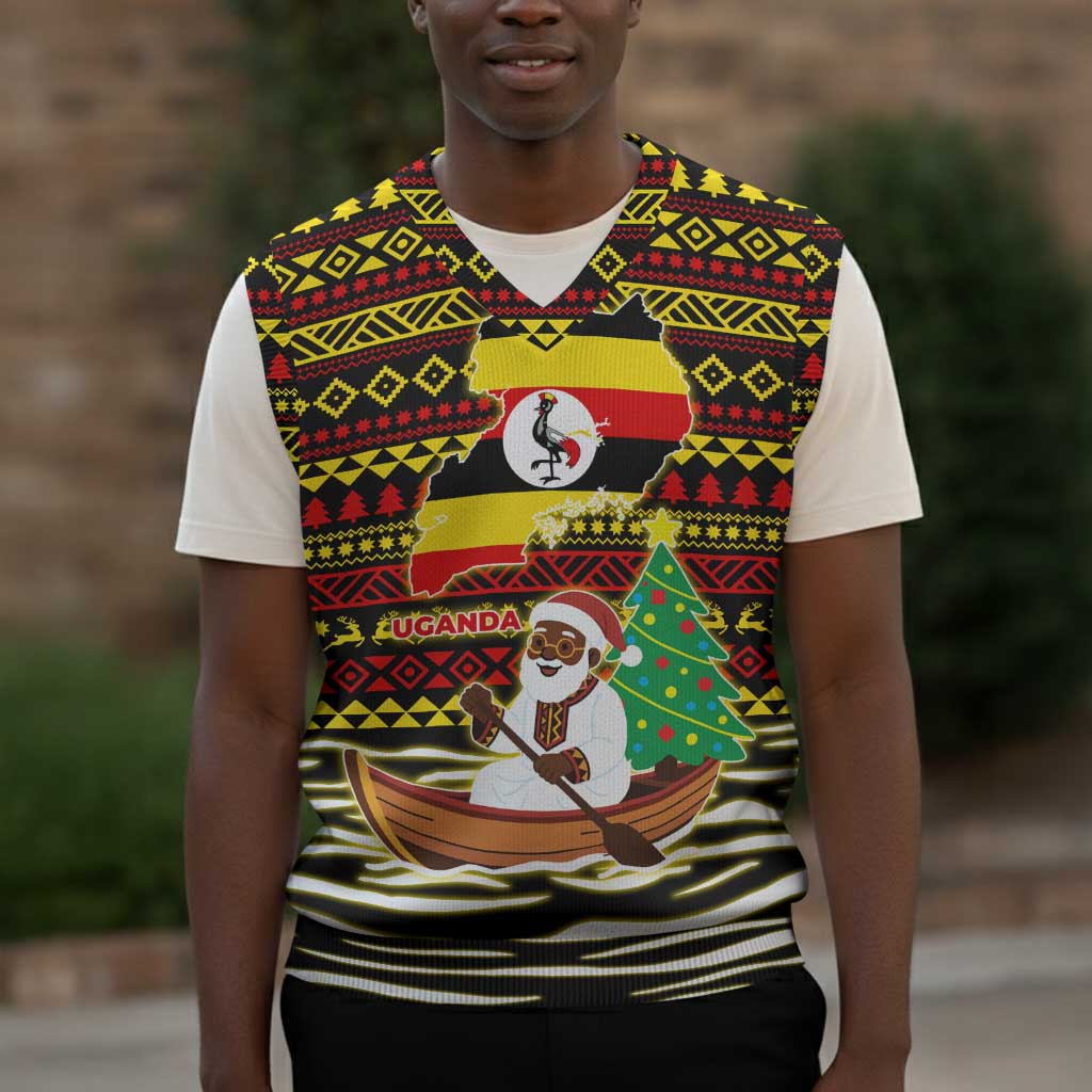 Uganda Christmas Knitted V-Neck Vest Santa in Canoe Christmas Tree Uganda Map Flag - African Pride