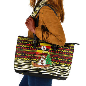 Uganda Christmas Leather Tote Bag Santa in Canoe Christmas Tree Uganda Map Flag - African Pride