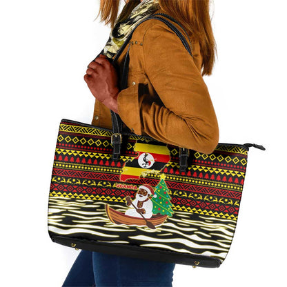 Uganda Christmas Leather Tote Bag Santa in Canoe Christmas Tree Uganda Map Flag - African Pride