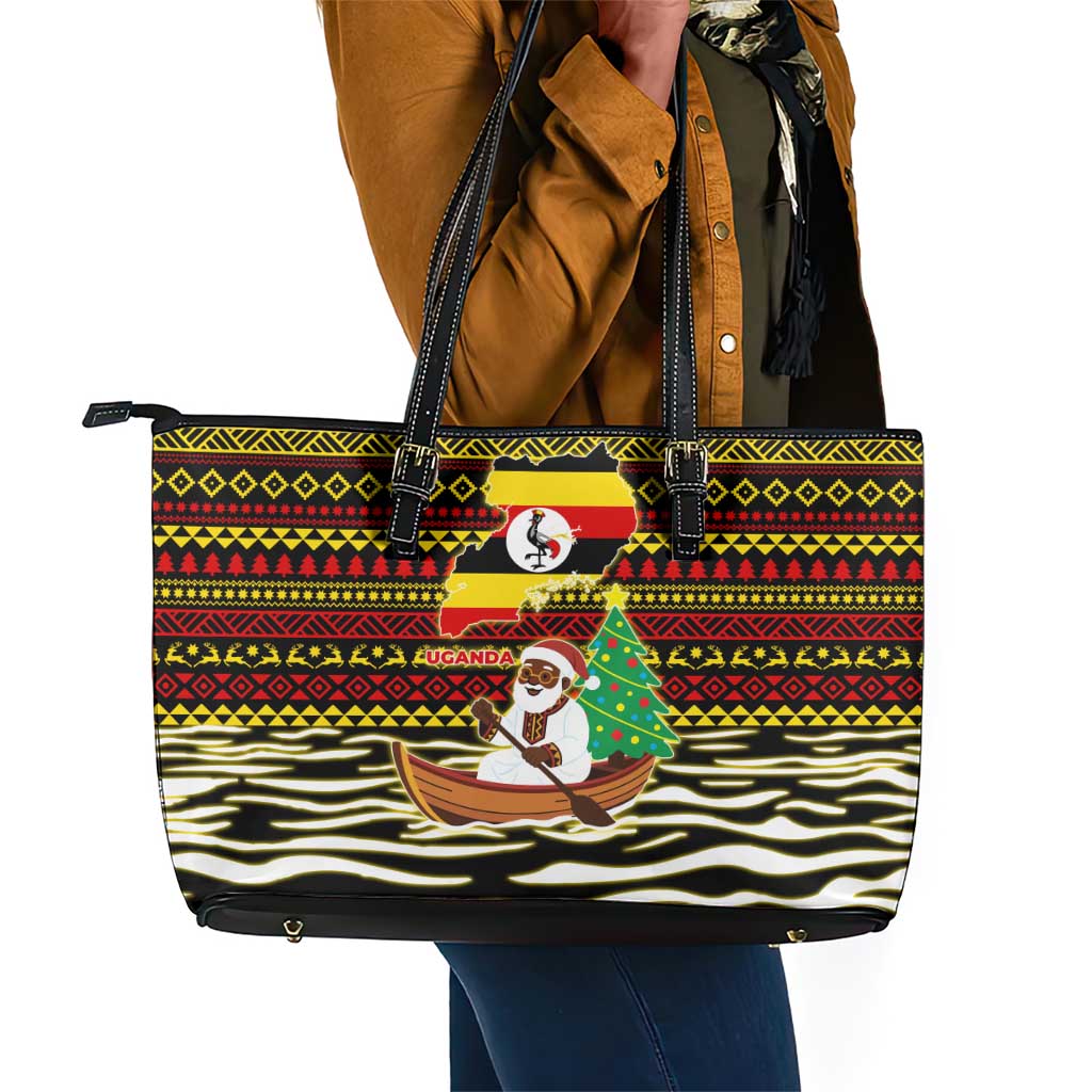 Uganda Christmas Leather Tote Bag Santa in Canoe Christmas Tree Uganda Map Flag - African Pride