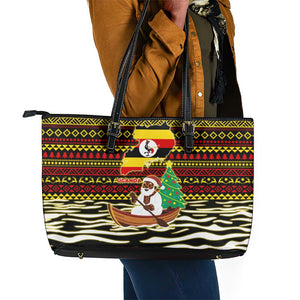 Uganda Christmas Leather Tote Bag Santa in Canoe Christmas Tree Uganda Map Flag - African Pride