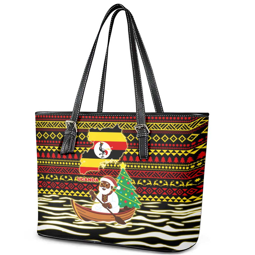 Uganda Christmas Leather Tote Bag Santa in Canoe Christmas Tree Uganda Map Flag - African Pride