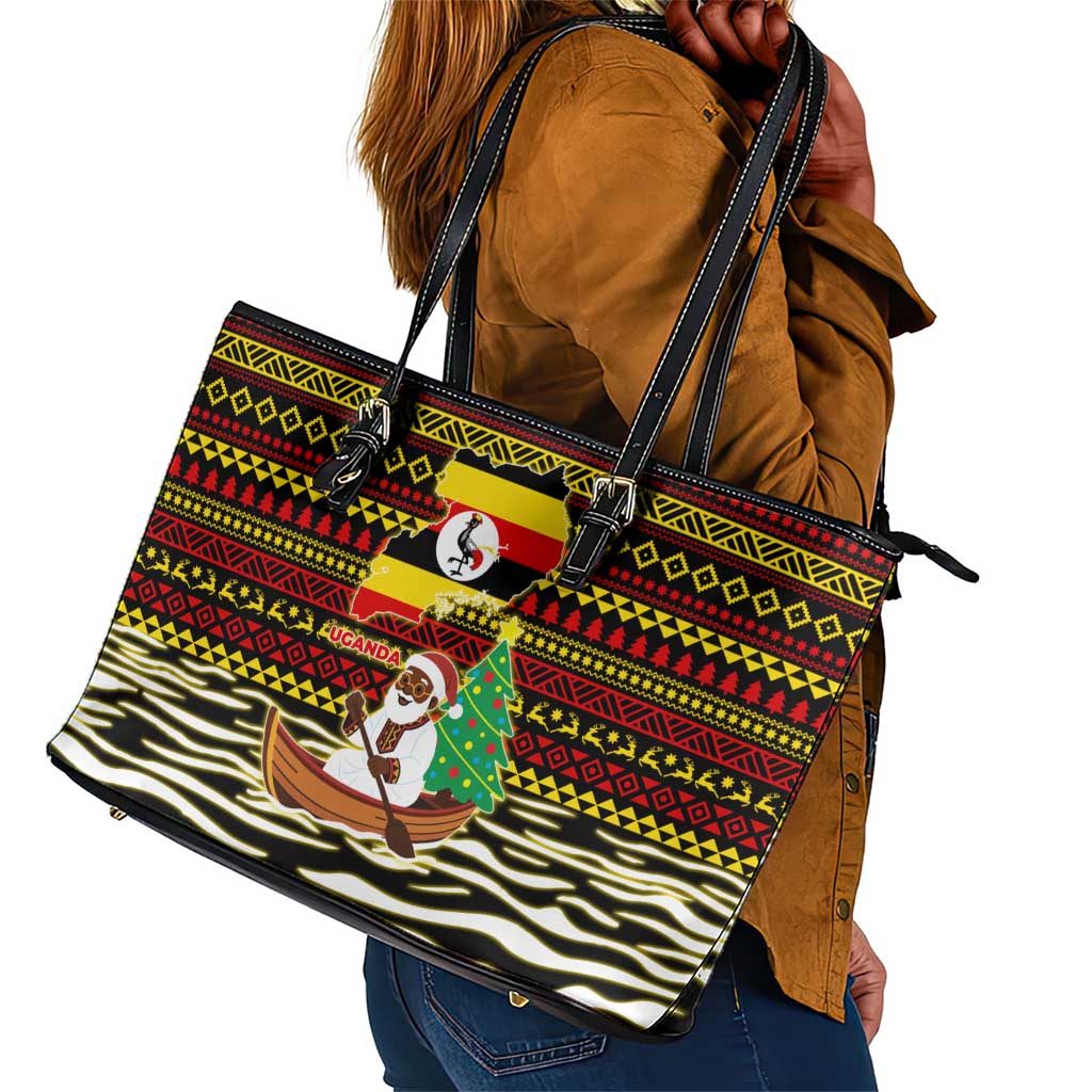 Uganda Christmas Leather Tote Bag Santa in Canoe Christmas Tree Uganda Map Flag - African Pride