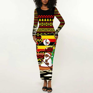 Uganda Christmas Long Sleeve Bodycon Dress Santa in Canoe Christmas Tree Uganda Map Flag - African Pride