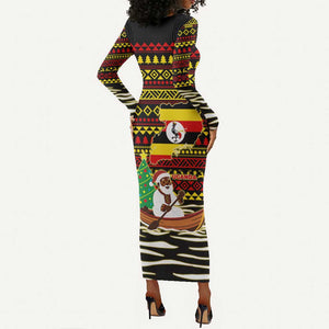 Uganda Christmas Long Sleeve Bodycon Dress Santa in Canoe Christmas Tree Uganda Map Flag - African Pride