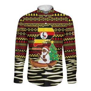 Uganda Christmas Long Sleeve Button Shirt Santa in Canoe Christmas Tree Uganda Map Flag - African Pride