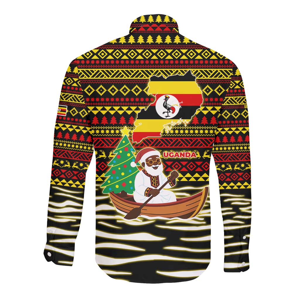 Uganda Christmas Long Sleeve Button Shirt Santa in Canoe Christmas Tree Uganda Map Flag - African Pride