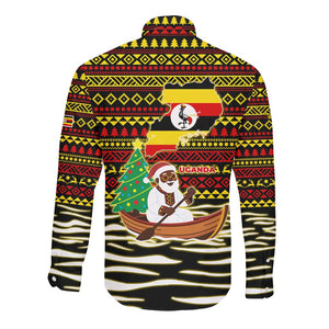 Uganda Christmas Long Sleeve Button Shirt Santa in Canoe Christmas Tree Uganda Map Flag - African Pride