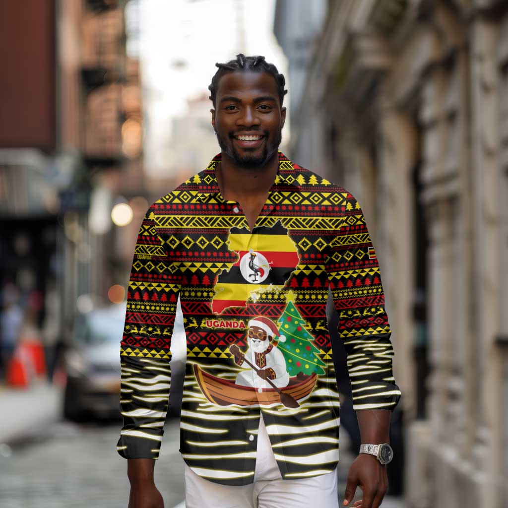 Uganda Christmas Long Sleeve Button Shirt Santa in Canoe Christmas Tree Uganda Map Flag - African Pride