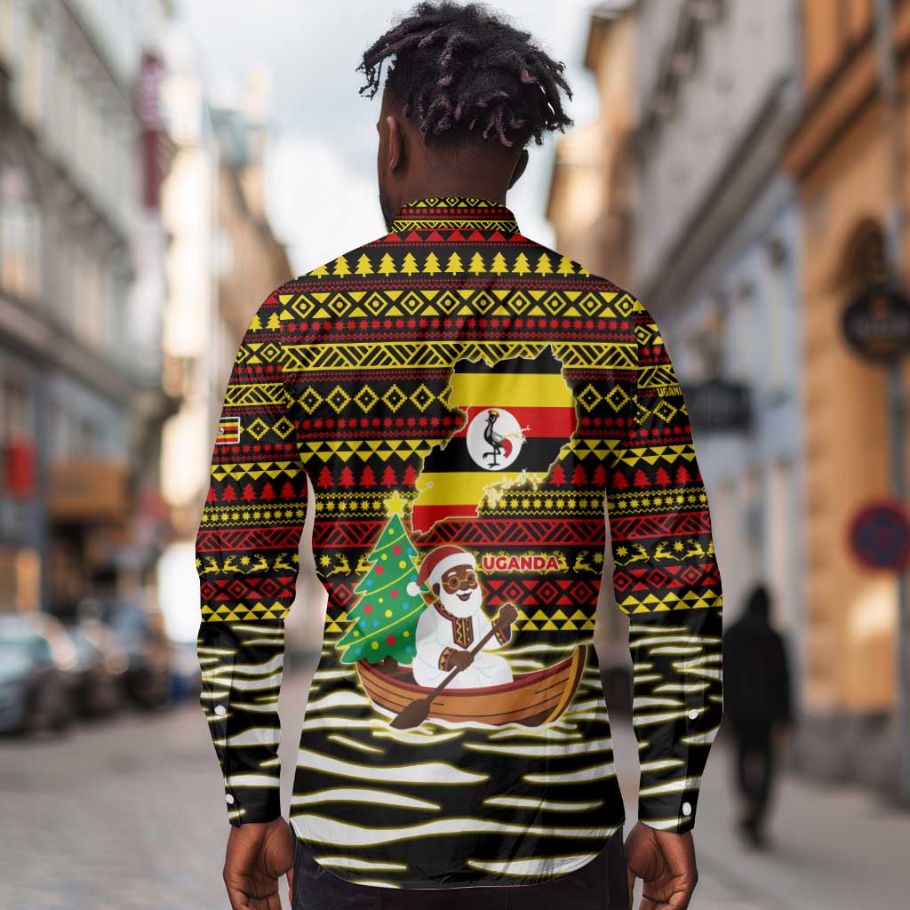 Uganda Christmas Long Sleeve Button Shirt Santa in Canoe Christmas Tree Uganda Map Flag - African Pride