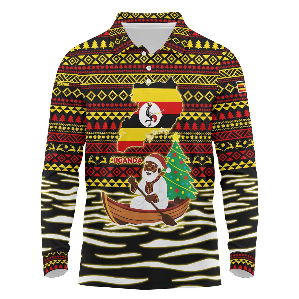Uganda Christmas Long Sleeve Polo Shirt Santa in Canoe Christmas Tree Uganda Map Flag - African Pride