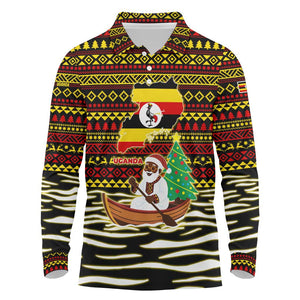 Uganda Christmas Long Sleeve Polo Shirt Santa in Canoe Christmas Tree Uganda Map Flag - African Pride