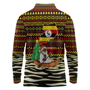 Uganda Christmas Long Sleeve Polo Shirt Santa in Canoe Christmas Tree Uganda Map Flag - African Pride