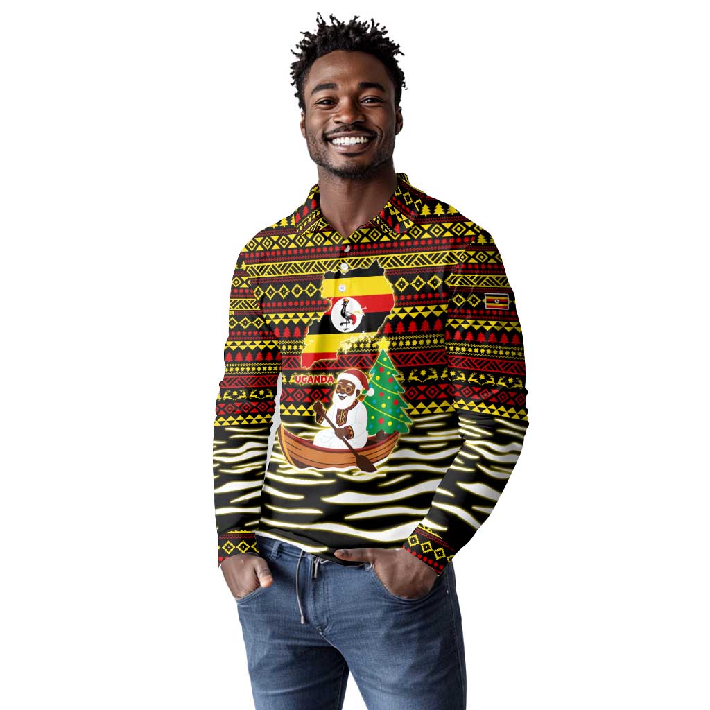 Uganda Christmas Long Sleeve Polo Shirt Santa in Canoe Christmas Tree Uganda Map Flag - African Pride