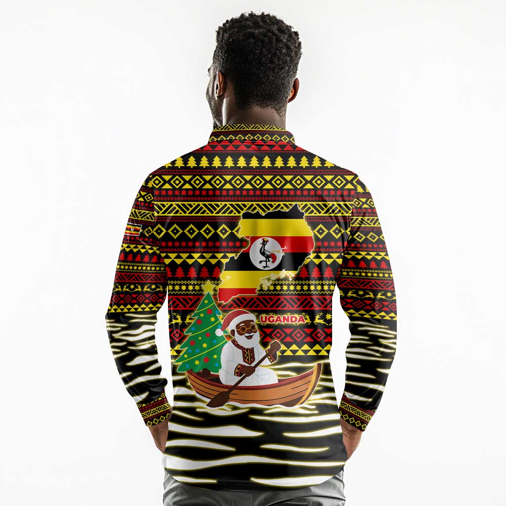 Uganda Christmas Long Sleeve Polo Shirt Santa in Canoe Christmas Tree Uganda Map Flag - African Pride