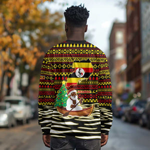 Uganda Christmas Long Sleeve Shirt Santa in Canoe Christmas Tree Uganda Map Flag - African Pride