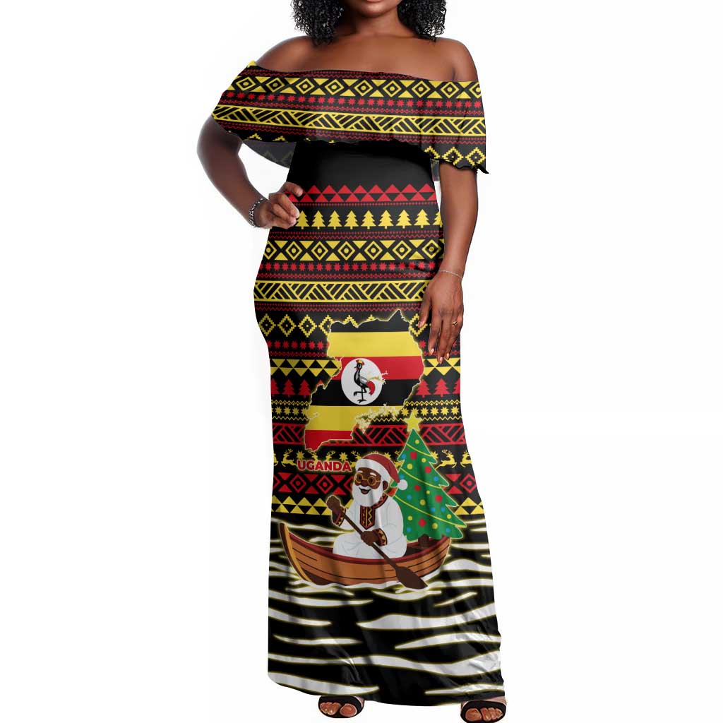 Uganda Christmas Off Shoulder Maxi Dress Santa in Canoe Christmas Tree Uganda Map Flag - African Pride
