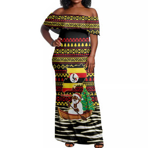 Uganda Christmas Off Shoulder Maxi Dress Santa in Canoe Christmas Tree Uganda Map Flag - African Pride