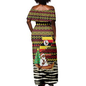 Uganda Christmas Off Shoulder Maxi Dress Santa in Canoe Christmas Tree Uganda Map Flag - African Pride