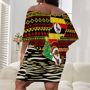 Uganda Christmas Off Shoulder Short Dress Santa in Canoe Christmas Tree Uganda Map Flag - African Pride