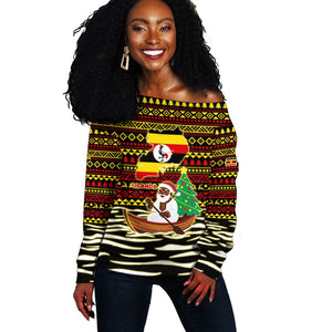 Uganda Christmas Off Shoulder Sweater Santa in Canoe Christmas Tree Uganda Map Flag - African Pride