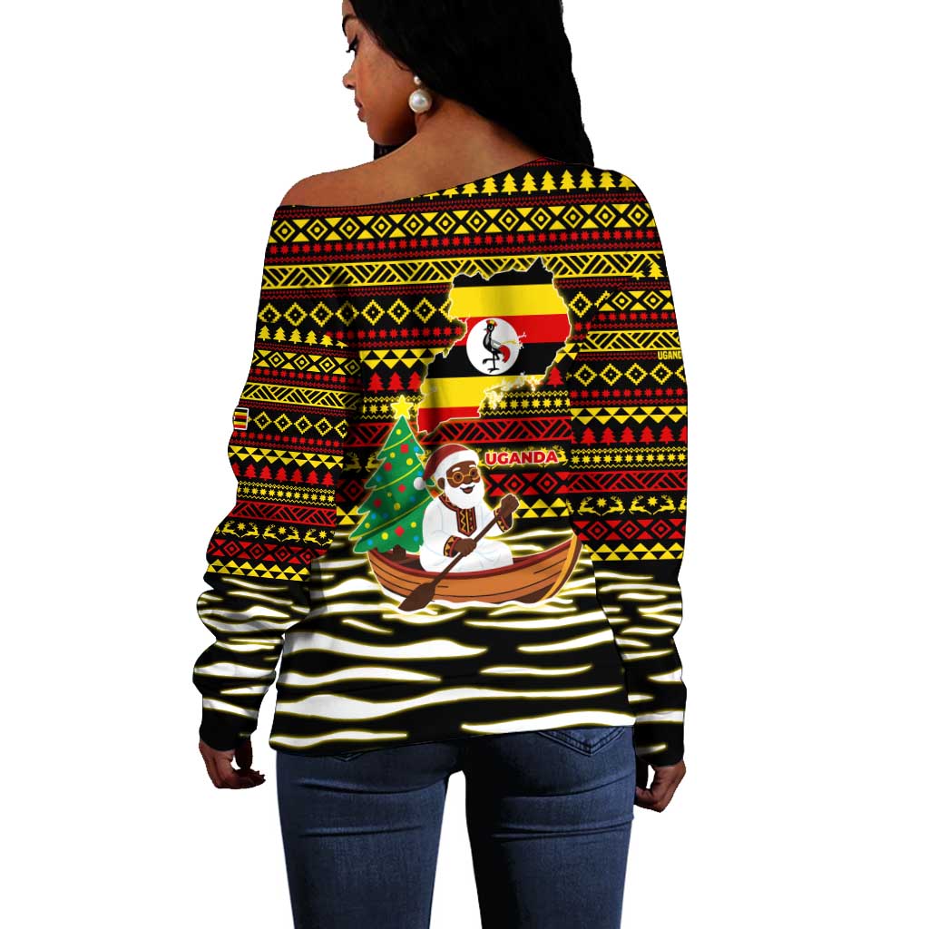 Uganda Christmas Off Shoulder Sweater Santa in Canoe Christmas Tree Uganda Map Flag - African Pride