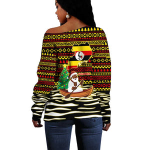 Uganda Christmas Off Shoulder Sweater Santa in Canoe Christmas Tree Uganda Map Flag - African Pride