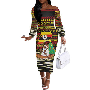 Uganda Christmas Off The Shoulder Long Sleeve Dress Santa in Canoe Christmas Tree Uganda Map Flag - African Pride