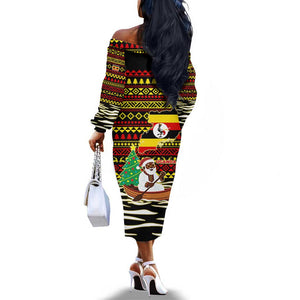 Uganda Christmas Off The Shoulder Long Sleeve Dress Santa in Canoe Christmas Tree Uganda Map Flag - African Pride