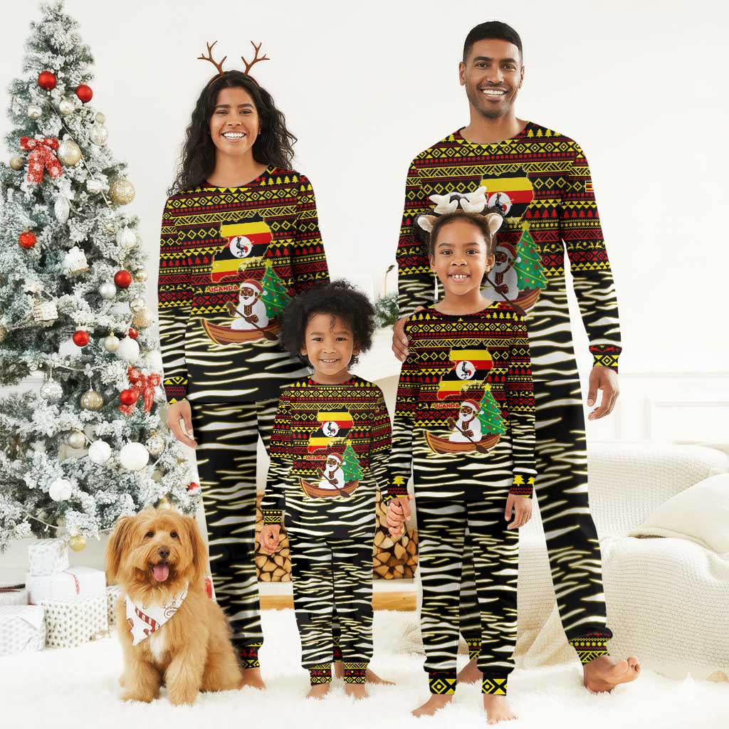 Uganda Christmas Pajama Set Santa in Canoe Christmas Tree Uganda Map Flag - African Pride