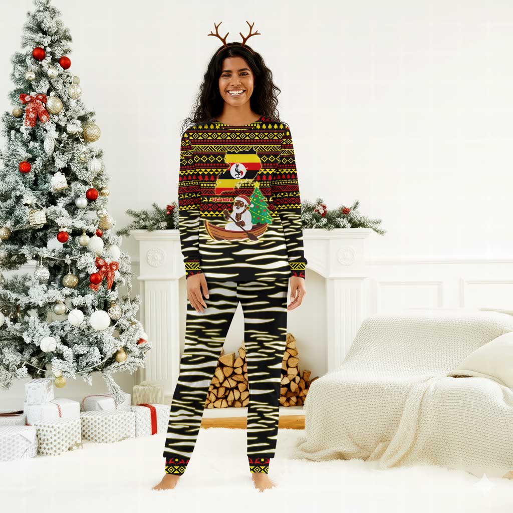 Uganda Christmas Pajama Set Santa in Canoe Christmas Tree Uganda Map Flag - African Pride