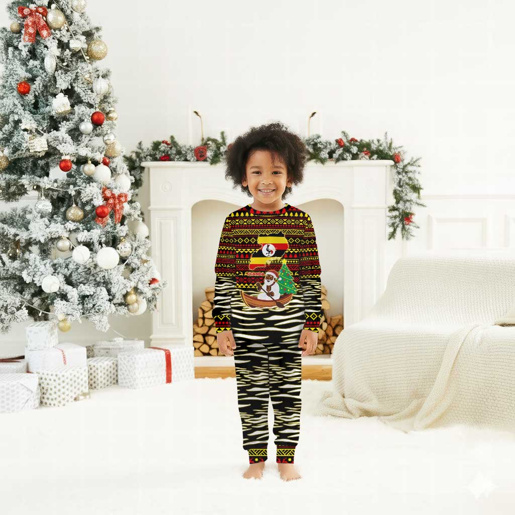 Uganda Christmas Pajama Set Santa in Canoe Christmas Tree Uganda Map Flag - African Pride